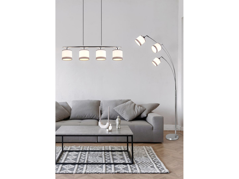 LED Balkenpendelleuchte 4-flammig mit Stoffschirmen in Weiß/Grau, B 75cm