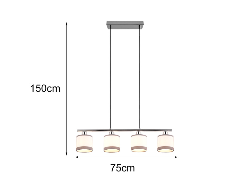 LED Balkenpendelleuchte 4-flammig mit Stoffschirmen in Weiß/Grau, B 75cm