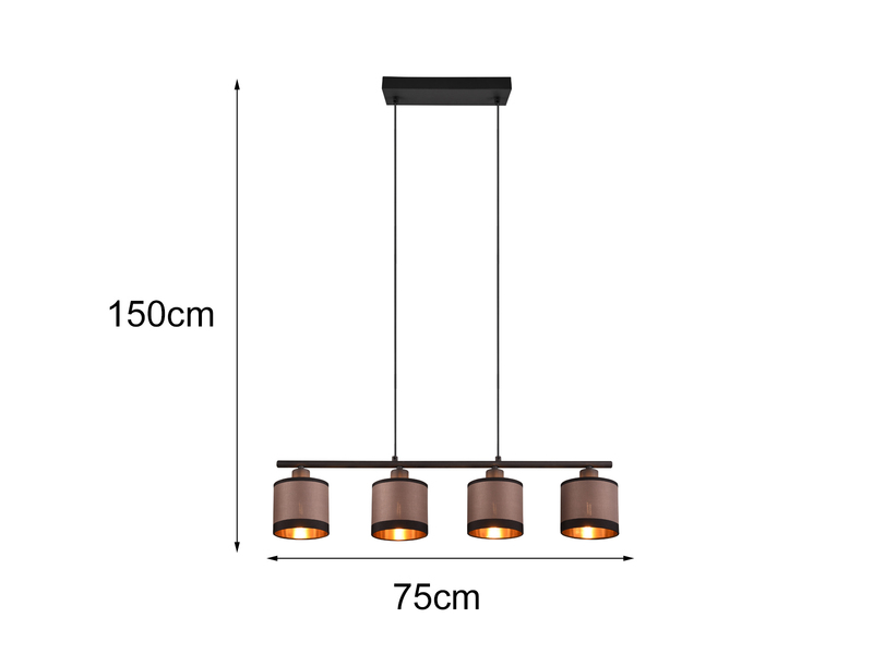 LED Balkenpendelleuchte 4-flammig mit Stoffschirmen in Taupe/Gold, B 75cm