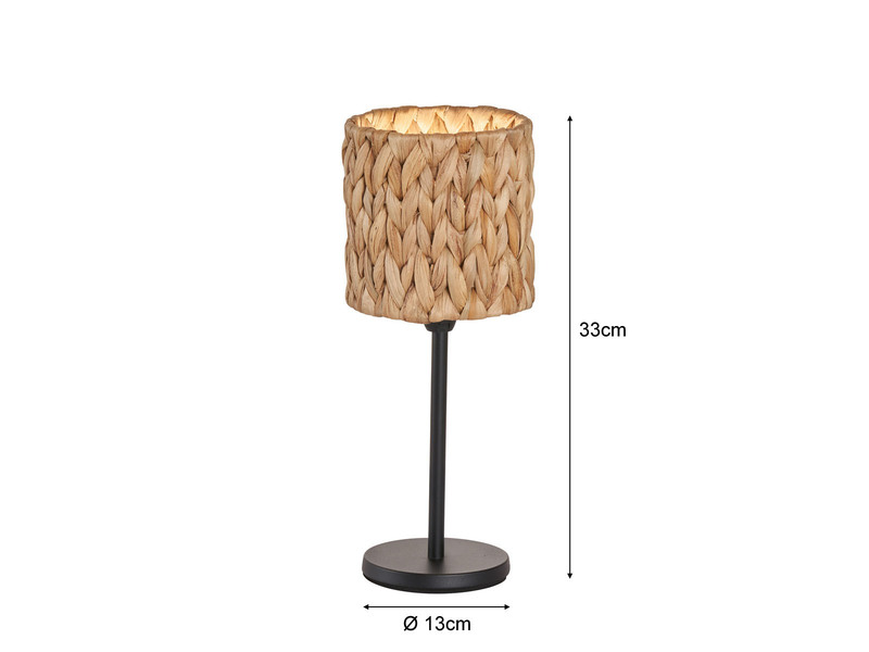 LED Tischlampe Metallfuß Schwarz mit Seegras Lampenschirm, Höhe 33cm