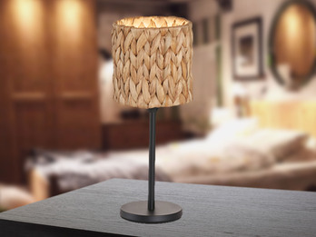 LED Tischlampe Metallfuß Schwarz mit Lampenschirm aus Seegras, Höhe 33cm