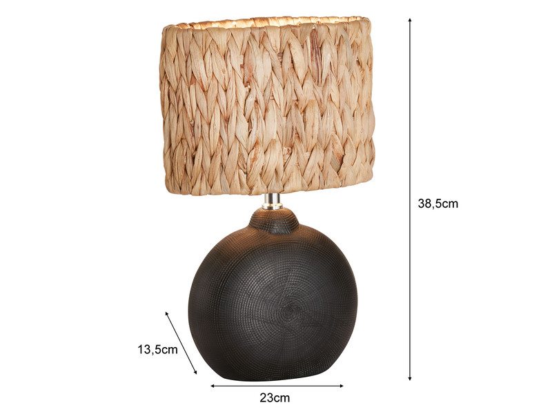 Tischlampe HYAZINTHE Keramikfuß Schwarz Lampenschirm aus Seegras, Höhe 38,5cm