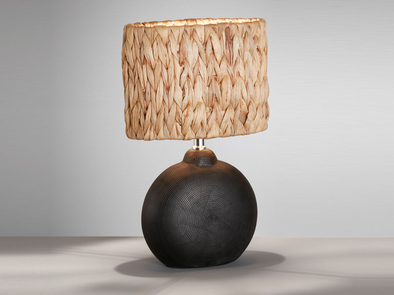 Tischlampe HYAZINTHE Höhe 38,5cm Keramikfuß Schwarz mit Lampenschirm aus Seegras