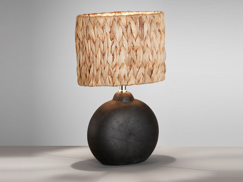 Tischlampe HYAZINTHE Keramikfuß Schwarz Lampenschirm aus Seegras, Höhe 38,5cm
