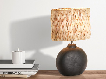 Tischlampe HYAZINTHE Keramikfuß Schwarz Lampenschirm aus Seegras, Höhe 38,5cm