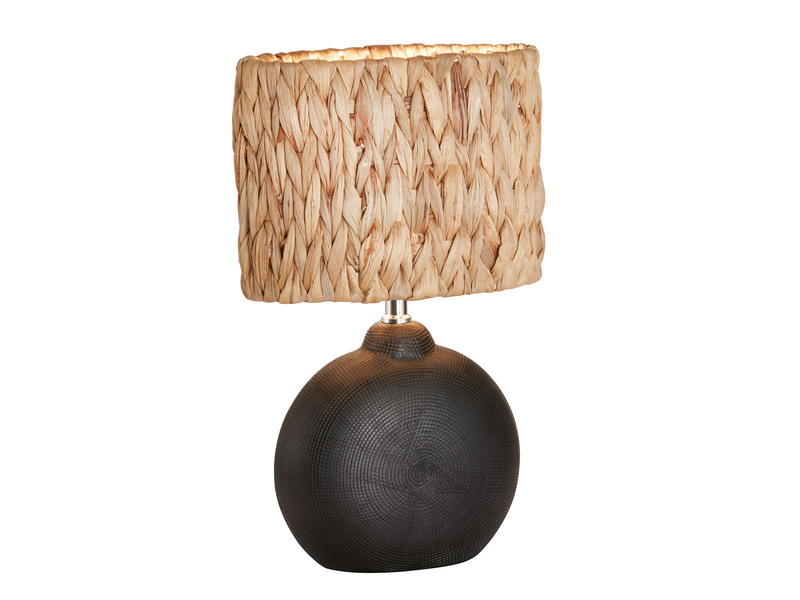 LED Tischlampe Höhe 38,5cm Keramikfuß Schwarz mit Lampenschirm aus Seegras