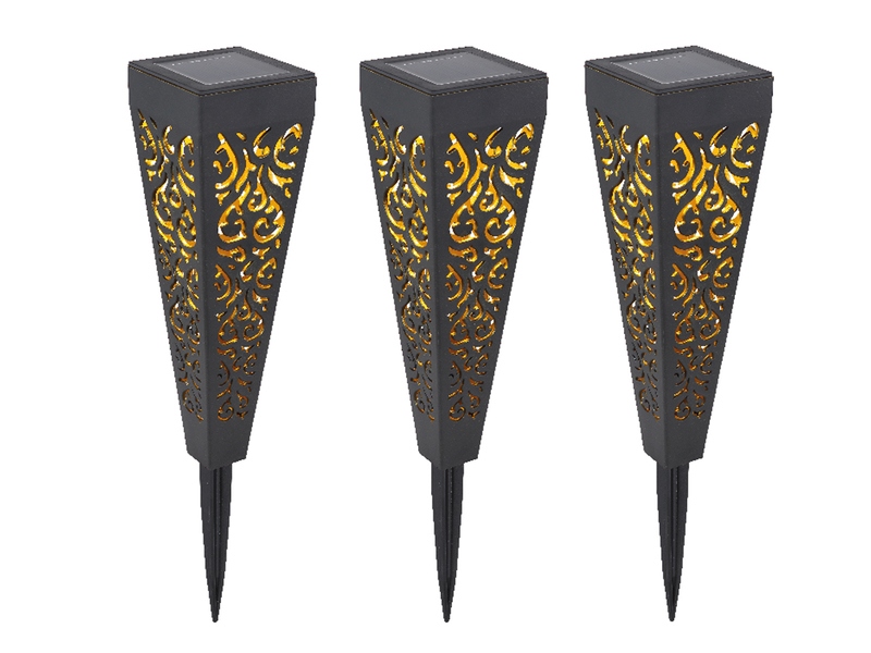 Solarlampen 3er Set mit Erdspieß, Dekostanzungen Schwarz Gold, H.33cm