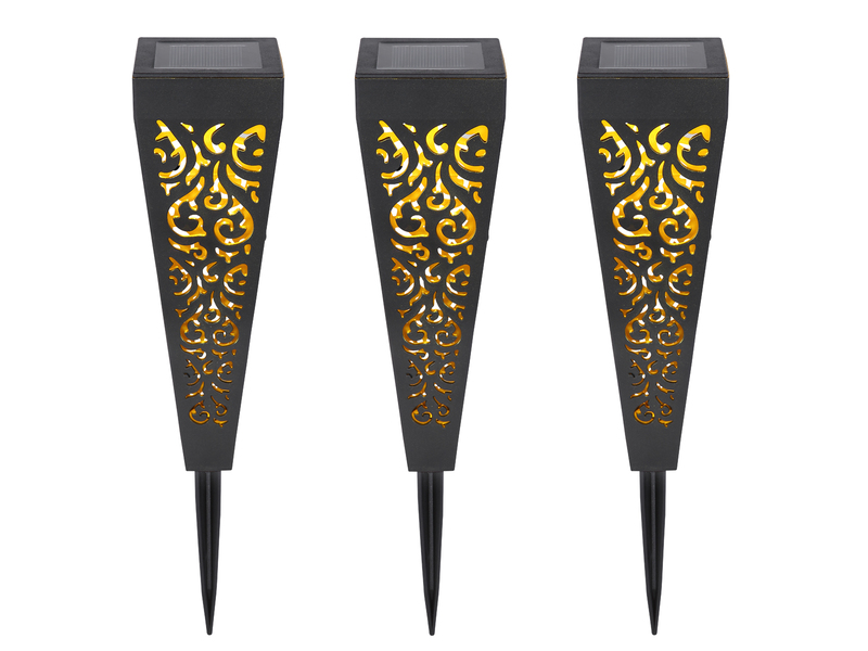 Solarlampen 3er Set mit Erdspieß, Dekostanzungen Schwarz Gold, H.33cm
