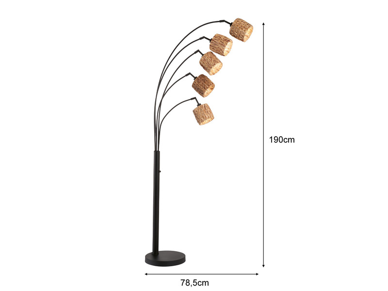 Bogenlampe HYAZINTHE 5-flammig mit Seegras Lampenschirmen, Höhe 190cm