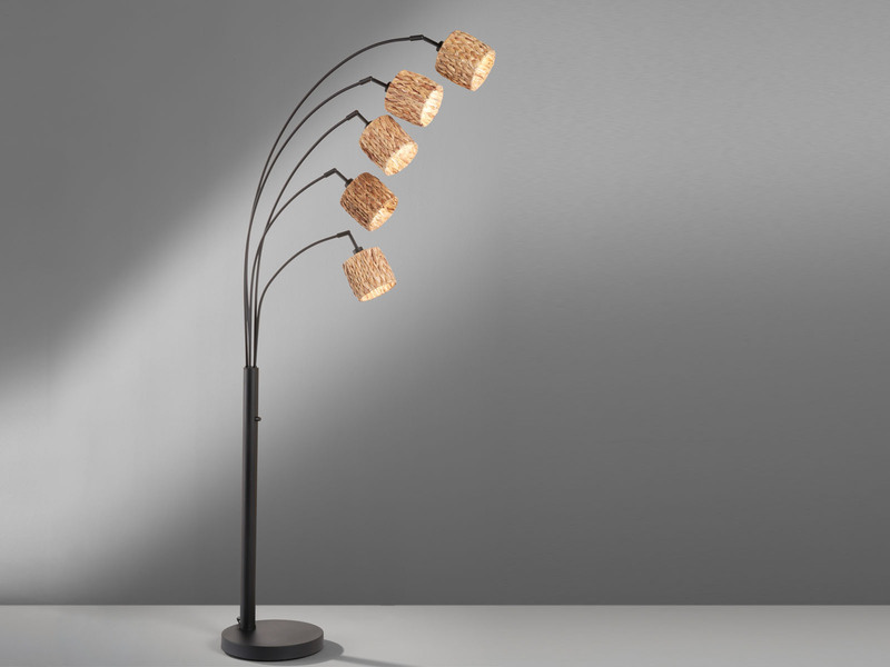 Bogenlampe HYAZINTHE 5-flammig mit Seegras Lampenschirmen, Höhe 190cm