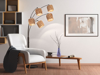 Bogenlampe HYAZINTHE 5-flammig mit Seegras Lampenschirmen, Höhe 190cm