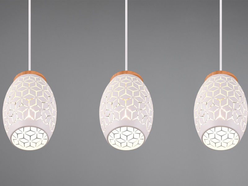 Pendelleuchte 3-flammig Metall Weiß mit Dekorstanzung & E27 LED, Breite 71cm