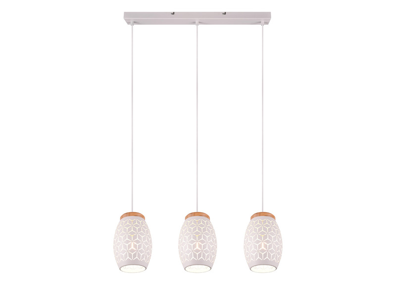 Pendelleuchte 3-flammig Metall Weiß mit Dekorstanzung & E27 LED, Breite 71cm