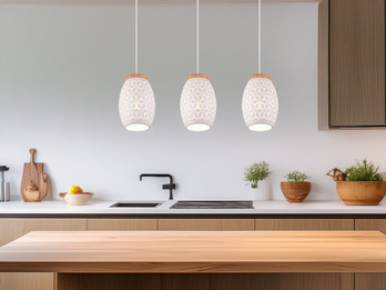 Pendelleuchte 3-flammig Metall Weiß mit Dekorstanzung & E27 LED, Breite 71cm