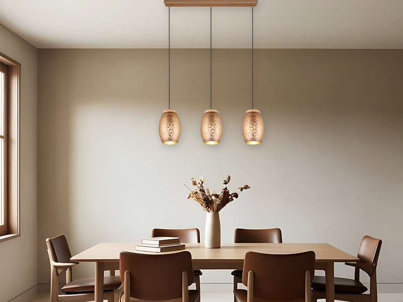 Pendelleuchte 3-flammig Metall Coffee mit Dekorstanzung & E27 LED, Breite 71cm