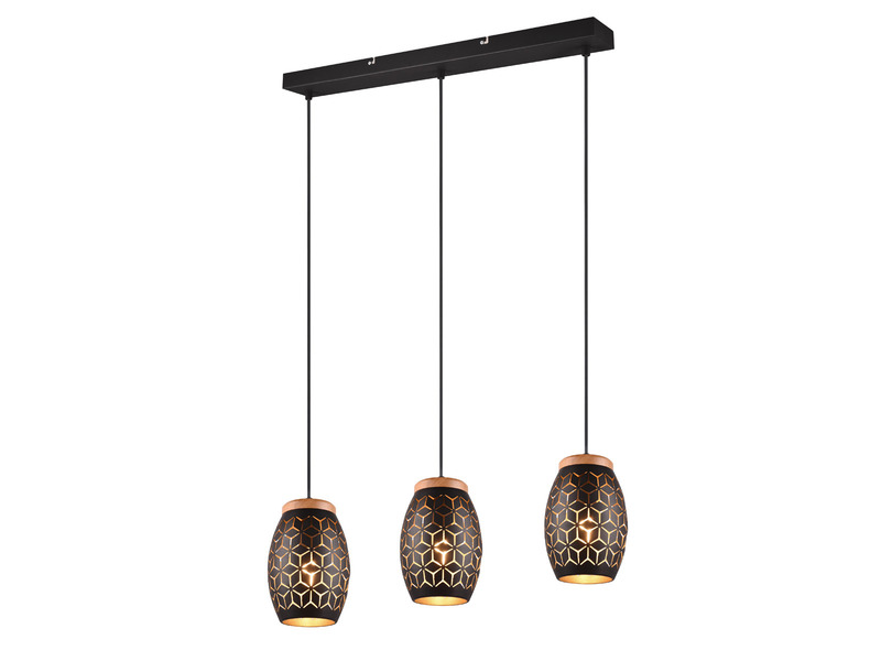 LED Balkenpendelleuchte in Schwarz/Gold mit ausgefallenem Stanzmuster, B 71cm