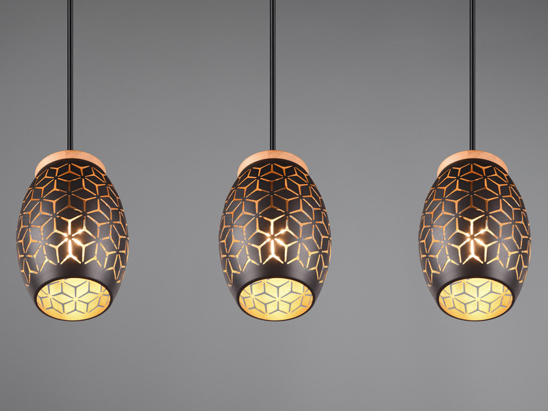 Pendelleuchte 3-flammig Schwarz Gold mit Dekorstanzung & E27 LED, Breite 71cm