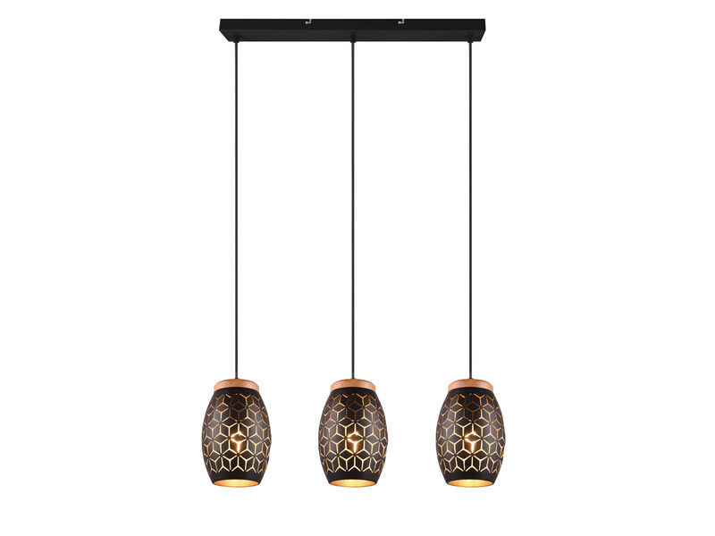 Pendelleuchte 3-flammig Schwarz Gold mit Dekorstanzung & E27 LED, Breite 71cm