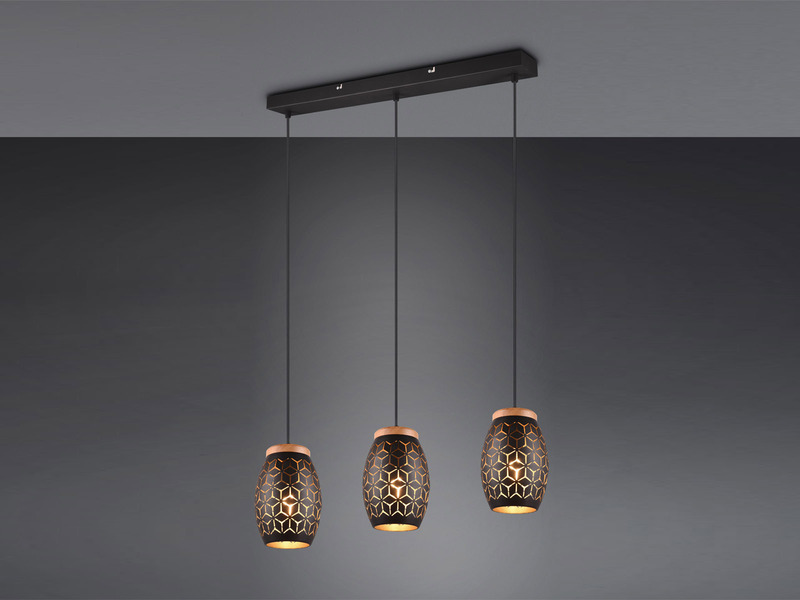 LED Balkenpendelleuchte in Schwarz/Gold mit ausgefallenem Stanzmuster, B 71cm