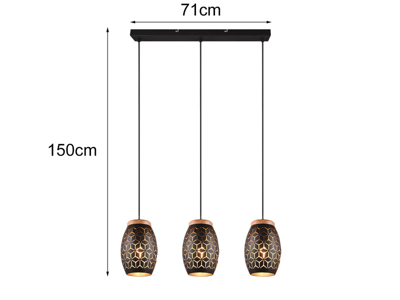 LED Pendelleuchte 3-flammig Schwarz/Gold mit Stanzmuster, Breite 71cm