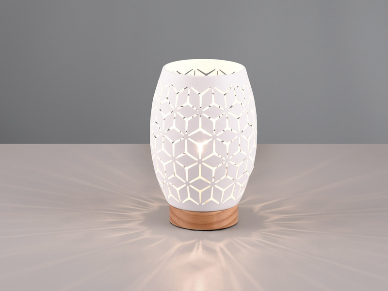Kleine Tischlampe Metall Weiß mit Dekorstanzung, Holzfuß & E27 LED, Höhe 21cm