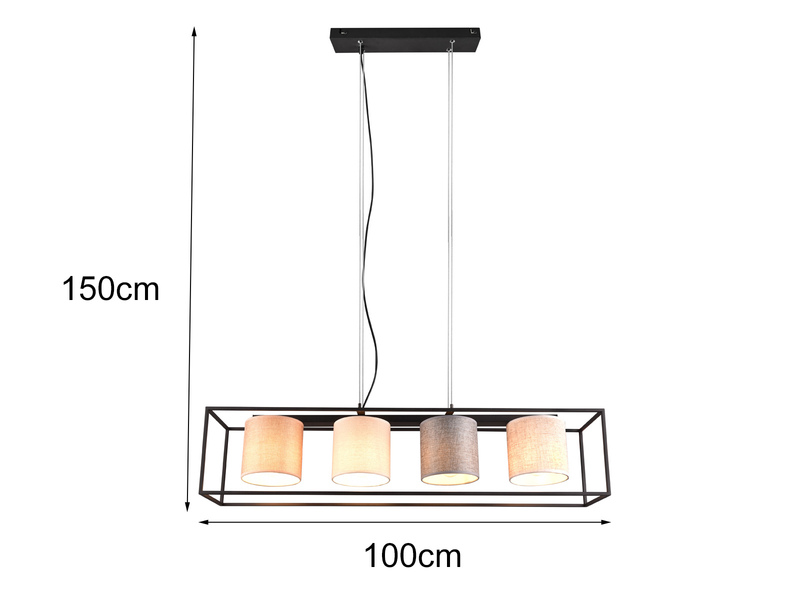 LED Balkenpendelleuchte mit vier Stoffschirmen, Breite 100cm