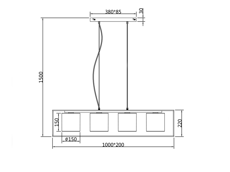 LED Balkenpendelleuchte mit vier Stoffschirmen, Breite 100cm