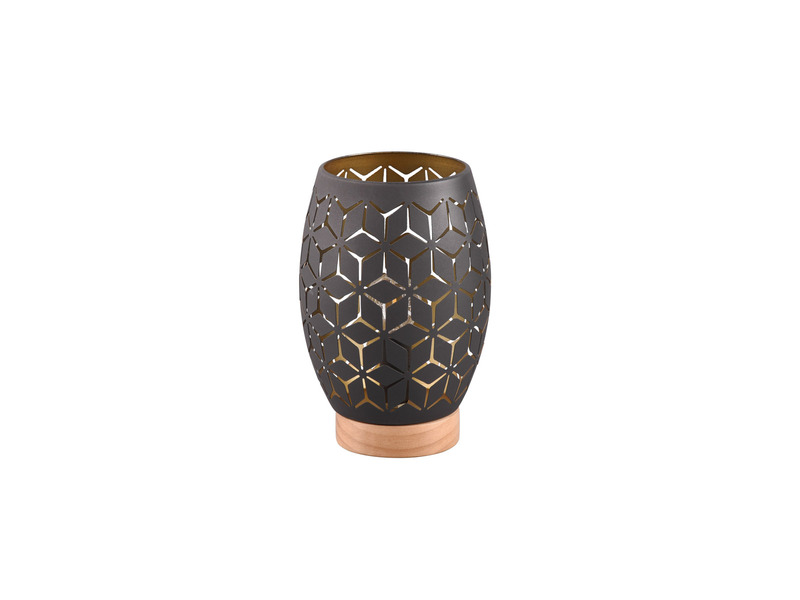 Kleine Tischlampe Schwarz Gold mit Dekorstanzung, Holzfuß & E27 LED, Höhe 21cm