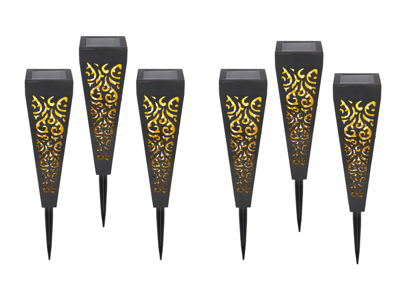 Solarlampen 6er Set mit Erdspieß, Dekostanzungen Schwarz Gold, H.33cm