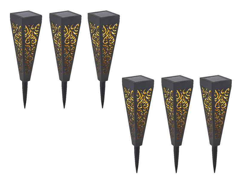Solarlampen 6er Set mit Erdspieß, Dekostanzungen Schwarz Gold, H.33cm