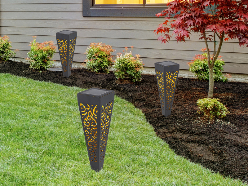 Solarlampen 6er Set mit Erdspieß, Dekostanzungen Schwarz Gold, H.33cm