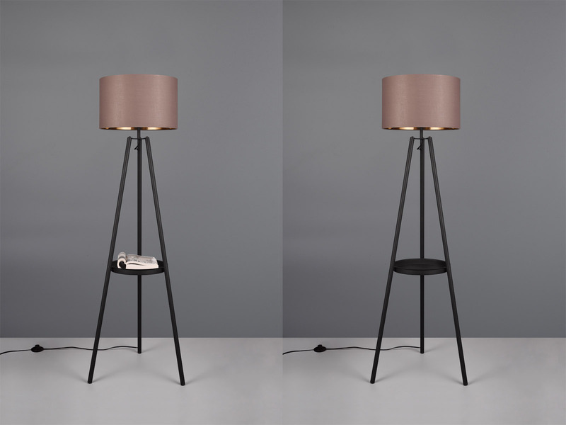 Tripod Stehleuchte Stoffschirm Taupe/Gold & Ablagetisch inkl. E27 LED, H: 152cm