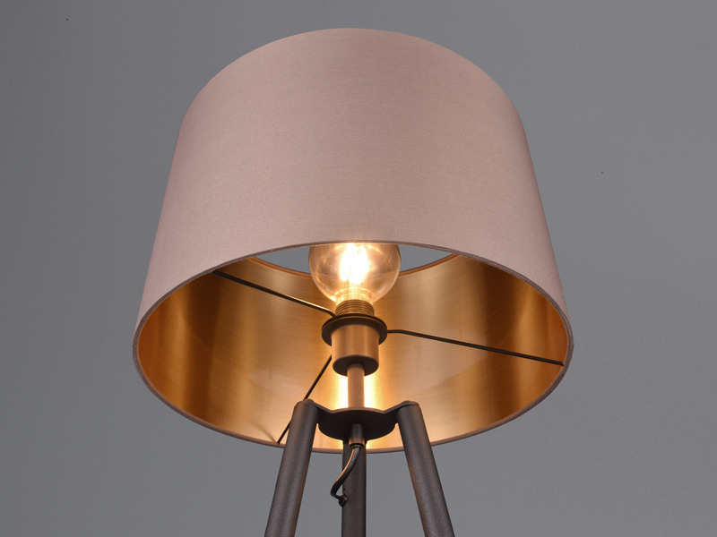 Tripod Stehleuchte Stoffschirm Taupe/Gold & Ablagetisch inkl. E27 LED, H: 152cm