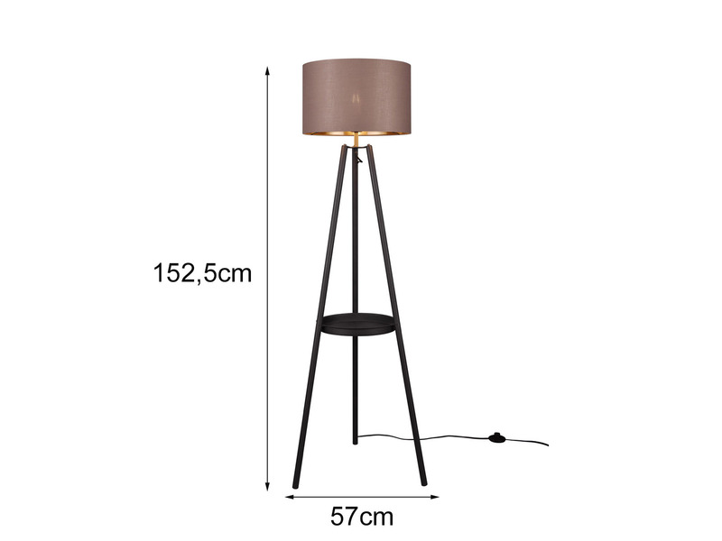 Tripod Stehleuchte Stoffschirm Taupe/Gold & Ablagetisch inkl. E27 LED, H: 152cm