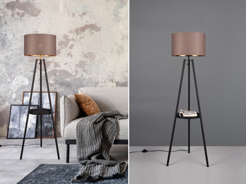 LED Tripod Stehleuchte mit Stoffschirm Taupe/Gold & Ablagetisch, Höhe 152cm