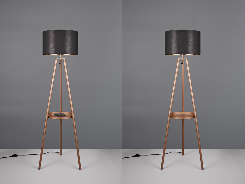 LED Tripod Stehleuchte mit Stoffschirm Schwarz/Gold & Ablagetisch, Höhe 152cm