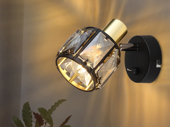LED Wandstrahler mit Schalter und Glaskristallen Schwarz Gold, Höhe 12,5cm