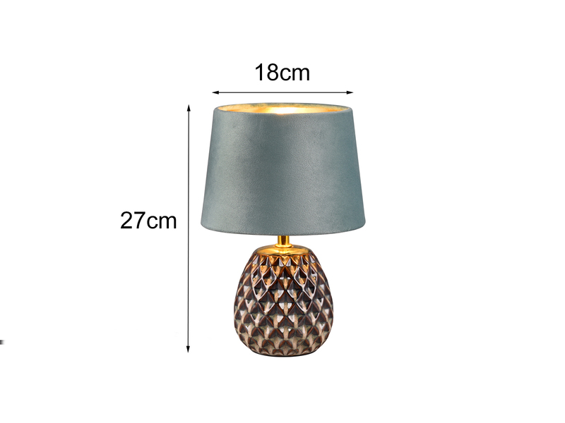 Kleine LED Retro Tischleuchte mit Samtschirm in Grün/Gold, Höhe 27cm