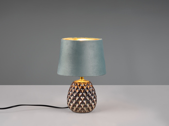 Kleine LED Retro Tischleuchte mit Samtschirm in Grün/Gold, Höhe 27cm
