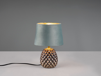 LED Retro Tischleuchte mit Samtschirm in Grün/Gold, Höhe 27cm