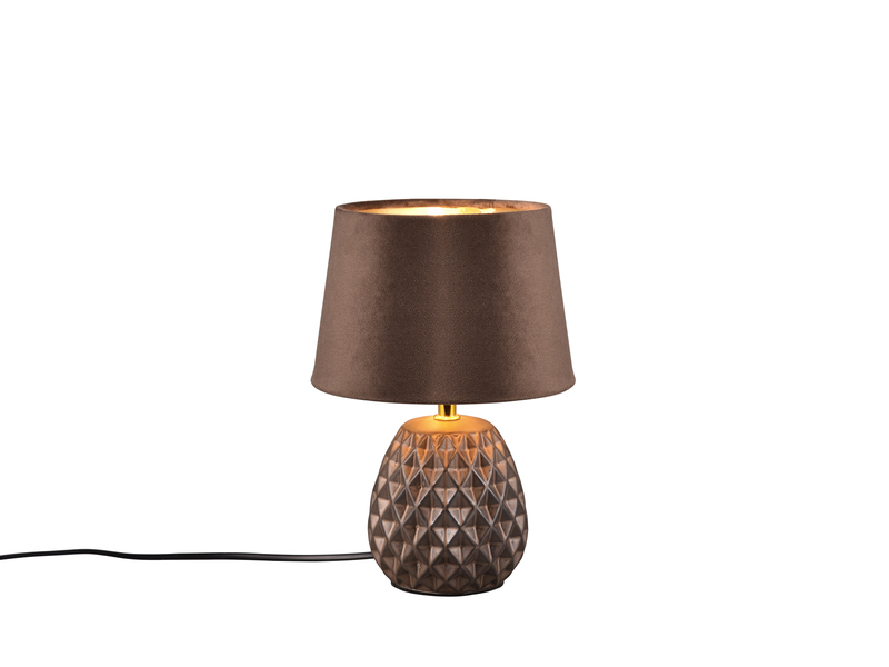 Kleine LED Retro Tischleuchte mit Samtschirm in Braun/Gold, Höhe 27cm