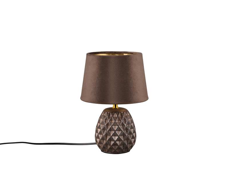 Kleine LED Retro Tischleuchte mit Samtschirm in Braun/Gold, Höhe 27cm