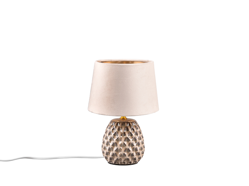 Kleine LED Retro Tischleuchte mit Samtschirm in Beige/Gold, Höhe 27cm