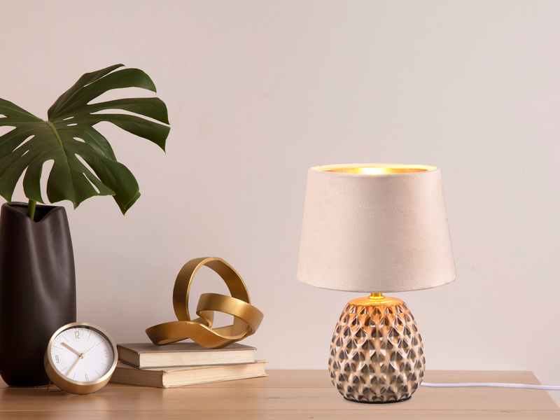 LED Retro Tischleuchte mit Samtschirm in Beige/Gold, Höhe 27cm