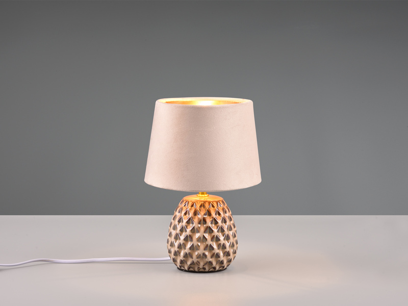 LED Retro Tischleuchte mit Samtschirm in Beige/Gold, Höhe 27cm