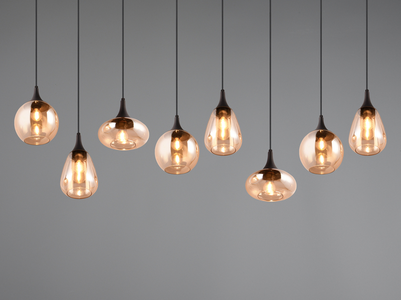 Pendelleuchte LUMINA 8-flammig groß Glasschirme amberfarbig, Breite 121cm