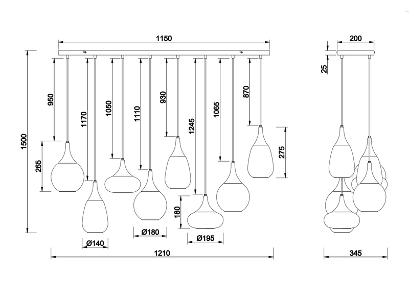 Pendelleuchte LUMINA 8-flammig groß Glasschirme amberfarbig, Breite 121cm