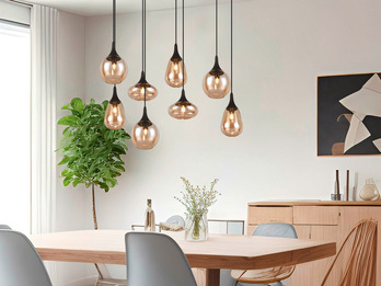 Pendelleuchte LUMINA 8-flammig groß Glasschirme amberfarbig, Breite 121cm