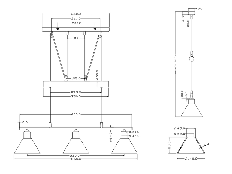 Pendelleuchte STAMINA mit Glas 3-flammig höhenverstellbar 80-180cm, B:66cm