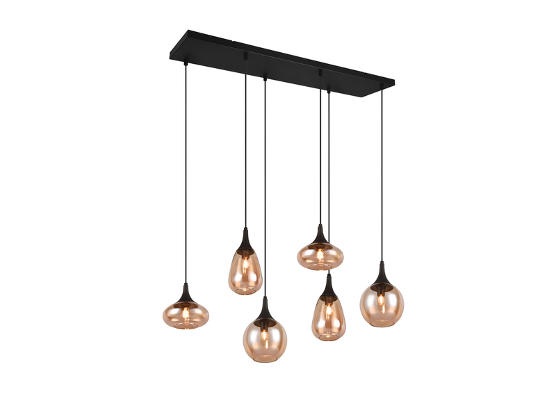 Pendelleuchte LUMINA 6-flammig, Glasschirme amberfarbig, Breite 93cm